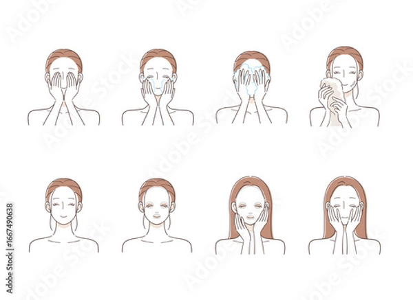 Obraz スキンケアをする女性のイラストセット