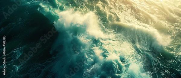 Fototapeta Epic cinematic aerial shot of massive ocean waves colliding, turquoise water and deep navy sea, white sea foam exploding with immense power, golden sunlight reflecting on the waves