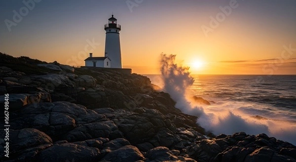Fototapeta Lighthouse on rocky coast with golden shoreline and waves crashing