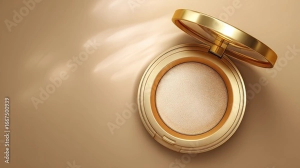 Fototapeta Minimal flatlay of single gold compact powder on pastel cream background with copy space, luxury beauty product photography