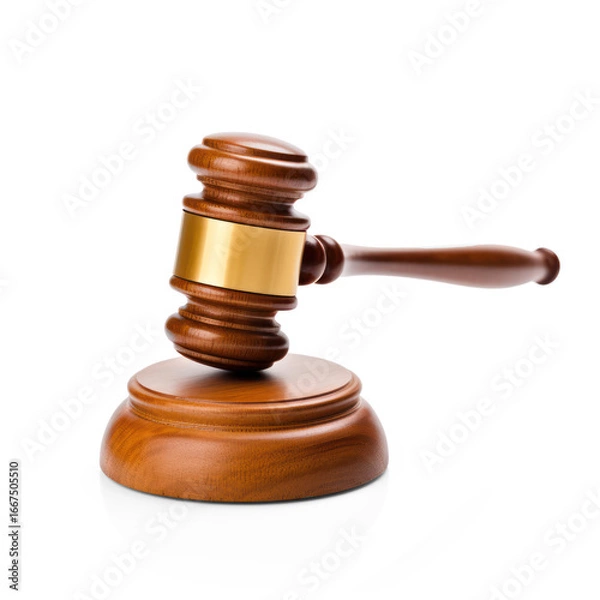 Obraz A wooden judge's gavel with a brown handle and a gold band, placed on a wooden base with a transparent background