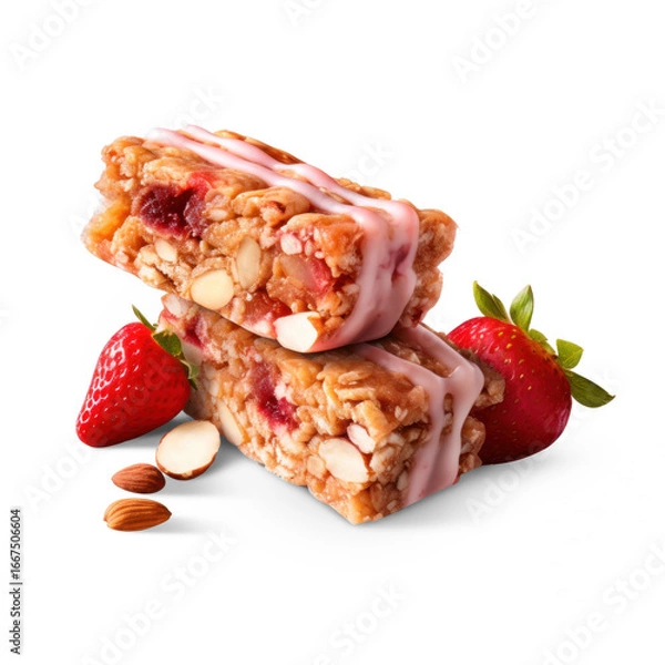 Obraz Two strawberry-flavored granola bars with almonds and strawberry pieces, topped with a pink drizzle, surrounded by fresh strawberries and whole almonds.