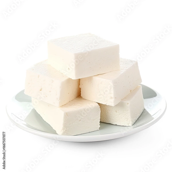 Obraz A stack of white tofu cubes on a white plate.