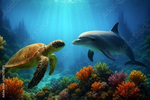Fototapeta サンゴ礁で出会う海亀とイルカ 実写風イラスト