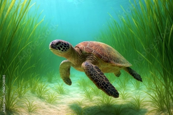 Fototapeta 海草に囲まれて泳ぐ海亀 実写風イラスト