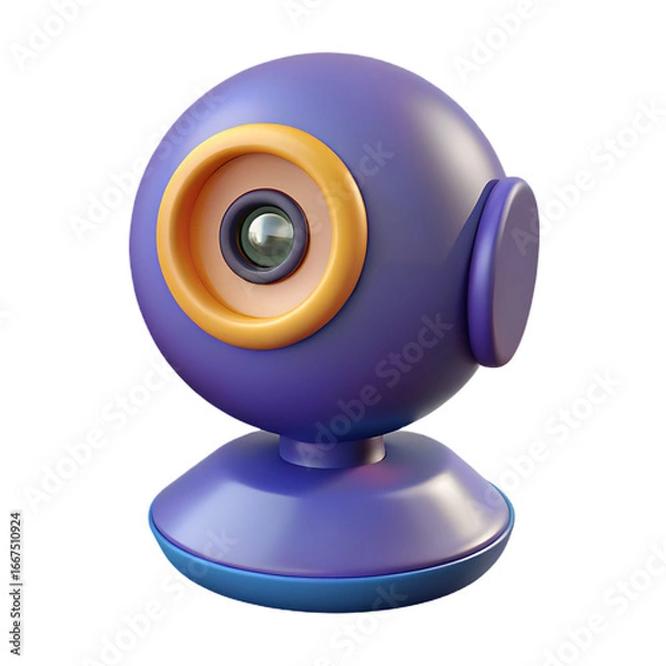 Fototapeta A whimsical purple webcam with a large orange eye and a blue base sits against a stark black background evoking a playful and retro tech aesthetic