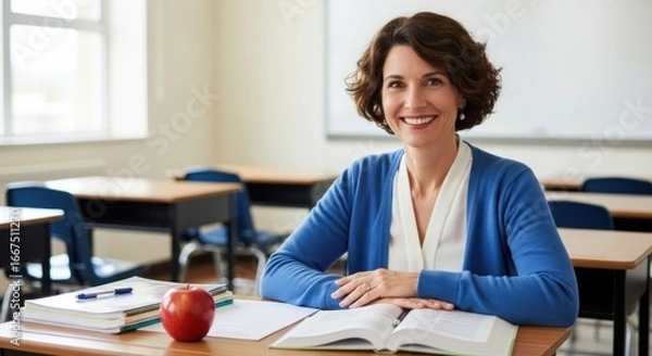 Obraz A teacher sitting at a desk in a classroom with a red apple on the desk.