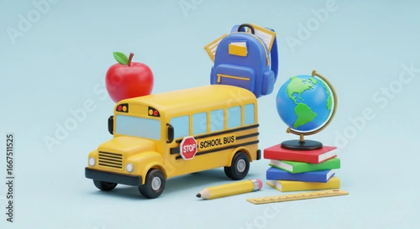 Obraz A yellow school bus with a red stop sign on a blue background.