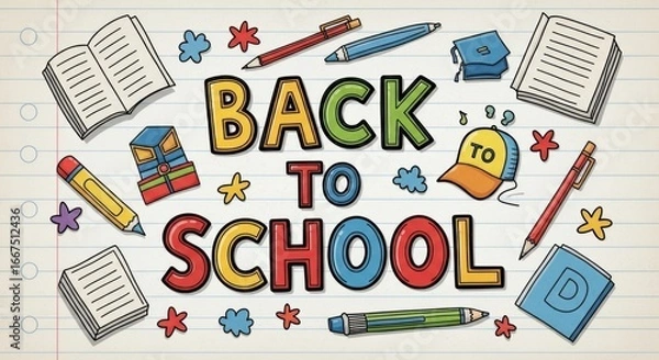 Fototapeta A colorful drawing of a school-themed background with various school supplies and objects.