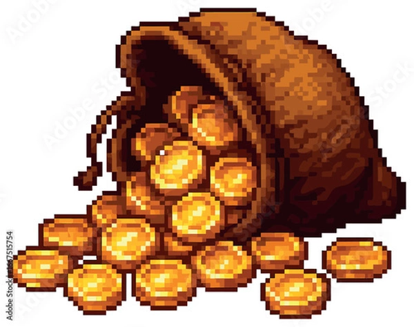 Fototapeta Pixelated gold treasure vector: retro game style coins art for adventure and fantasy themes