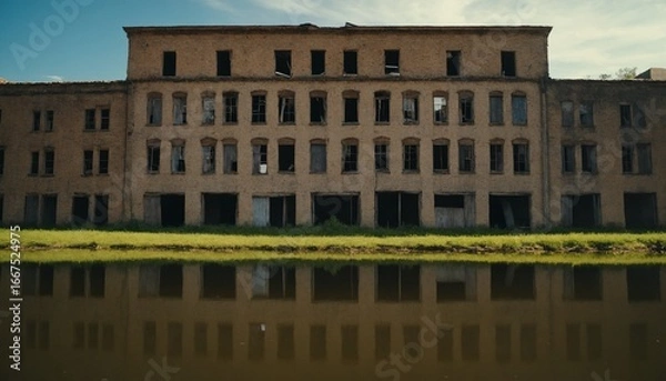 Fototapeta Abandoned Multi-Story Building with Broken Windows and Reflective Water in Urban Decay Scene