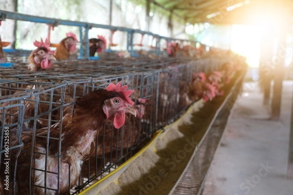 Fototapeta A row of hens in wire cages inside a poultry farm. Sunlight streams into the shed.The scene reflects industrial egg production, with chickens kept in close quarters, livestock farming.