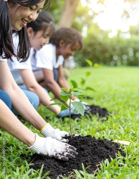 Fototapeta A diverse group of individuals, including children and adults, enthusiastically planting young trees in a lush green field under a clear blue sky.