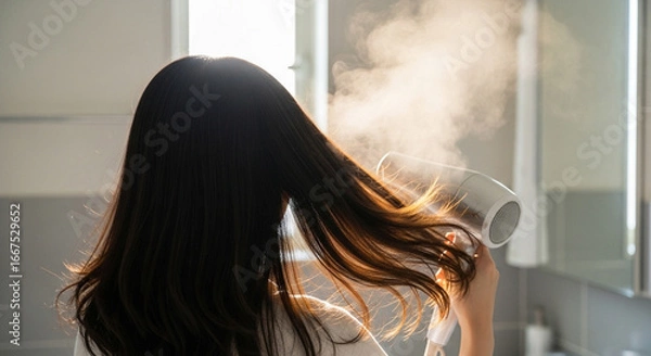 Fototapeta ヘアケアとビューティ - ドライヤーで髪を乾かす女性のライフスタイル