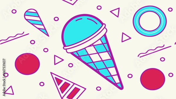 Fototapeta Ice cream background with colorful scoops, waffle cones, popsicles, sprinkles, chocolate syrup, fruits, and sweet dessert elements in playful summer style, perfect for wallpaper, posters, and packagin