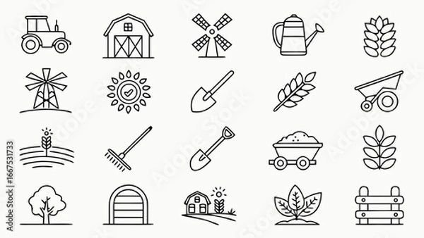 Fototapeta Gardening icons set featuring shovel, rake, watering can, wheelbarrow, plant pot, seeds, gloves, hose, pruning shears, lawn mower, fence, flower, tree, leaf, and garden tools in modern vector style.