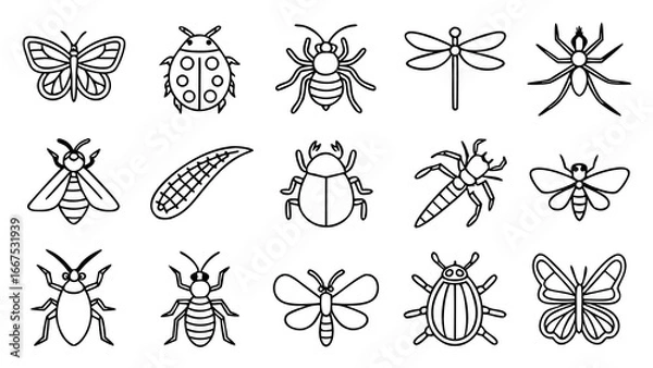 Fototapeta Collection of insects vector illustration set featuring butterfly, bee, dragonfly, beetle, mosquito, ant, grasshopper, ladybug, fly, wasp, moth, and other bug species isolated on white background.