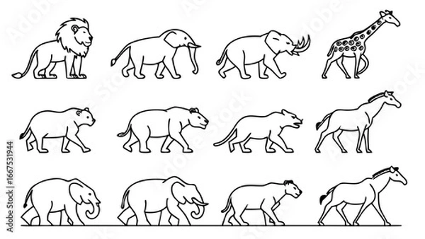 Fototapeta Set of Animal Vector Icons – Collection of 24 unique animal silhouettes and line art illustrations, featuring wildlife, pets, sea creatures, and birds in minimal and editable modern design.