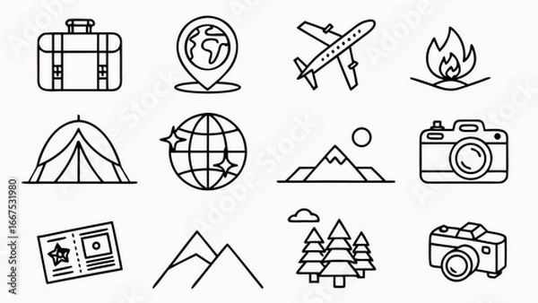 Fototapeta Travel icon set featuring airplane, suitcase, passport, map, globe, camera, hotel, beach umbrella, train, ship, bus, mountain, tent, compass, and vacation symbols in modern vector illustration style.