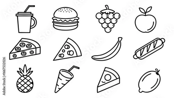 Fototapeta Food and drink icons set featuring fork, spoon, knife, burger, pizza, coffee, tea, soda, wine, beer, ice cream, fruits, vegetables, fast food, desserts, and beverages in modern vector style.