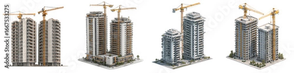 Fototapeta Modern high-rise buildings under construction with cranes, perfect for real estate, architecture, urban development projects