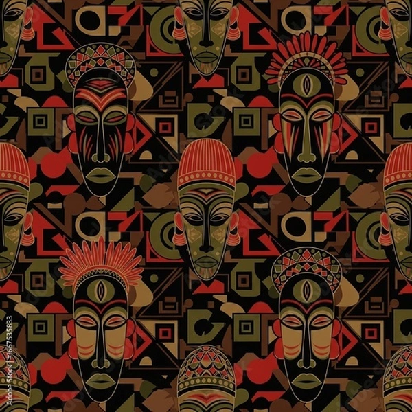 Fototapeta Kwanzaa African Masks Pattern. Seamless design with cultural masks in red black green for Kwanzaa celebration