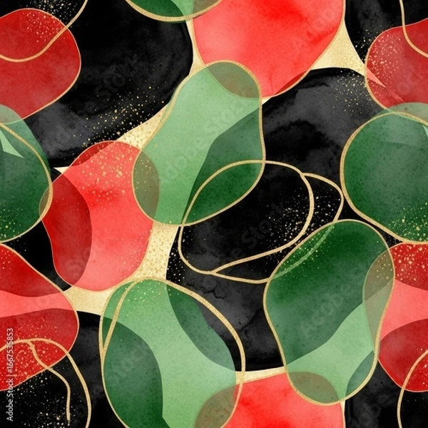 Fototapeta Kwanzaa Abstract Art. Red green black abstract watercolor with gold outlines for Kwanzaa holiday background