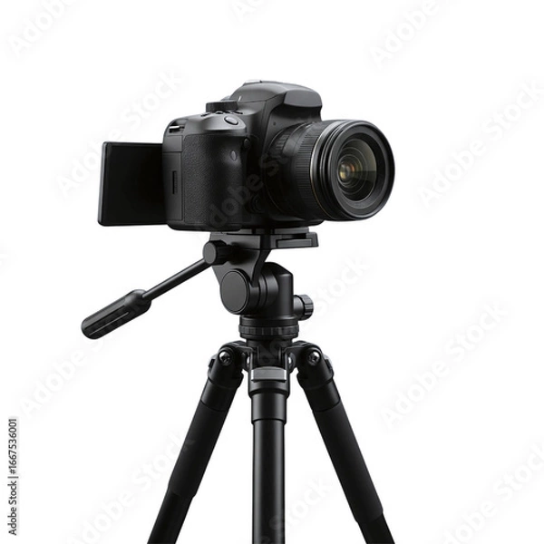 Fototapeta Modern DSLR camera setup on tripod with flip screen, perfect for vlogging and video tutorials.