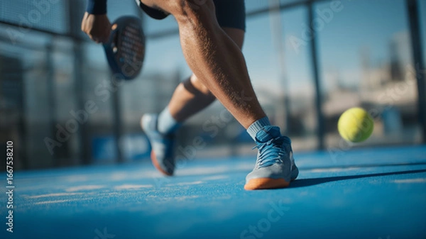 Fototapeta Dynamic padel player action shot with ball racket and blue court energetic