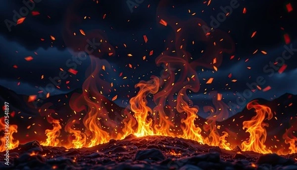 Fototapeta Captivating Flames Erupting from Volcanic Landscape with Glowing Embers in a Dramatic Night Sky