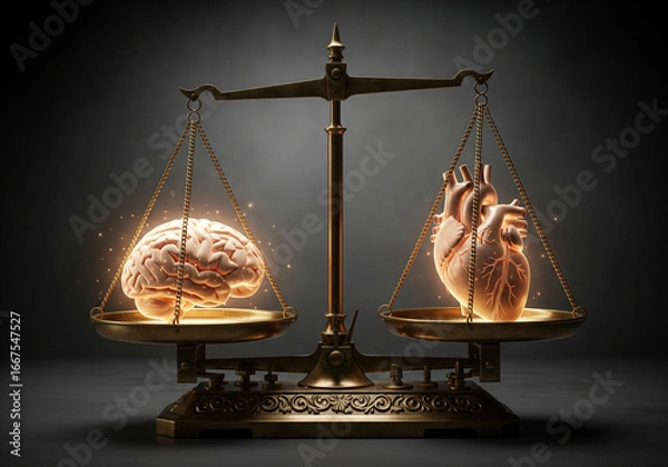 Obraz A powerful metaphor for the balance between logic and emotion, showing a scale with a glowing brain on one side and a glowing heart on the other.