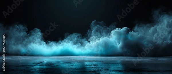 Obraz Blue fog or smoke spreading on a dark reflective surface under low light, creating a mysterious and atmospheric scene with a cool color palette