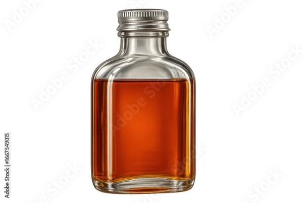 Fototapeta Rectangular glass bottle containing amber liquid, isolated in professional studio setting with transparent backdrop