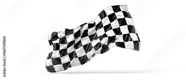 Fototapeta A black and white checkered flag waving, symbolizing the finish line in racing or competitions, set against a clean white background
