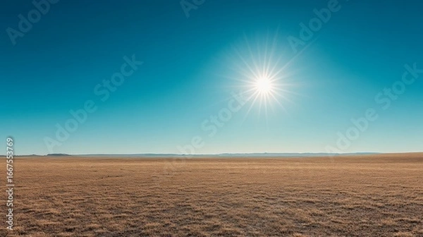 Fototapeta 33.Minimalistic landscape of an endless clear sky in deep azure blue, with the sun glowing brightly at its zenith, casting sharp light and creating a warm, summery ambiance.