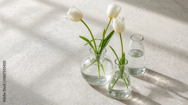 Fototapeta Three white tulips in glass vases on a textured surface, with dappled sunlight creating shadows and reflections. A minimalist and serene composition.