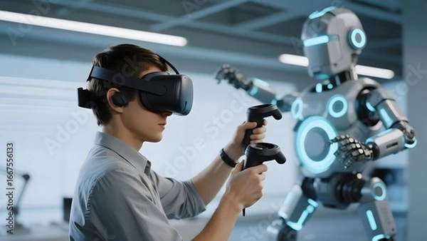 Obraz Man using virtual reality headset and controllers interacts with a humanoid robot