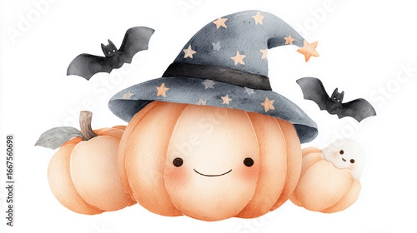 Obraz hand drawn watercolor of halloween pumpkin with witch hat isolate on white background,Halloween design elements with jack-o-lantern bat ghost