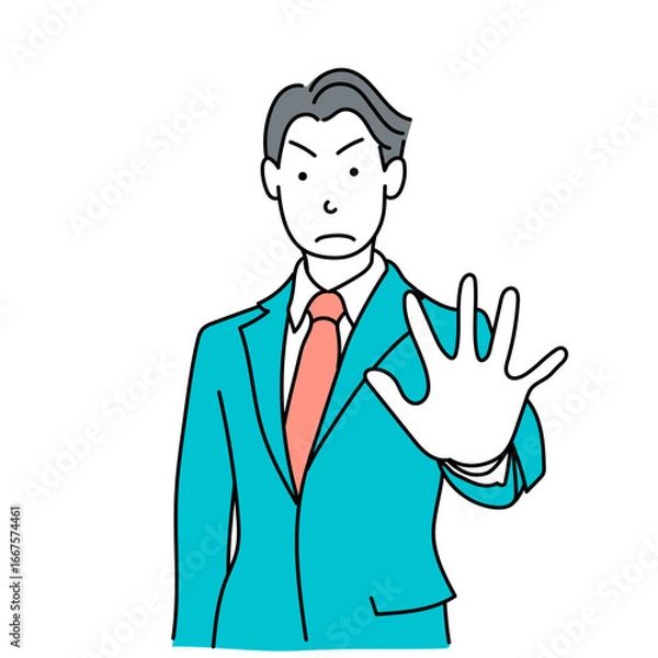 Fototapeta ストップのジェスチャーをするスーツ姿の男性｜警告・制止を伝えるベクターイラスト