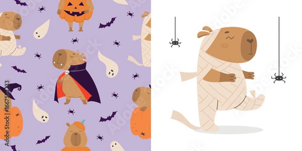 Fototapeta Funny capybaras in halloween costumes pattern
