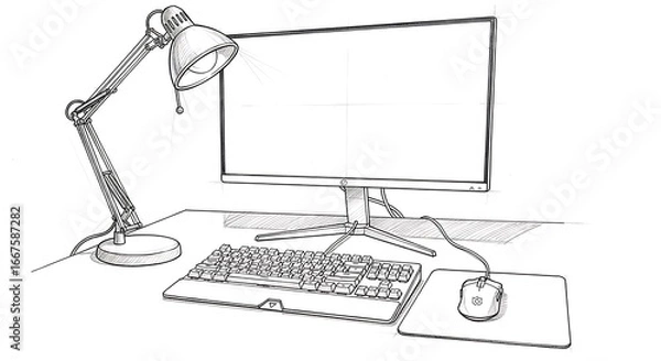 Fototapeta Hand-drawn sketch of computer setup on white paper, sharp pencil detail, soft lighting, authentic artistic moment.