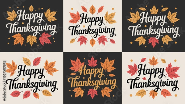 Fototapeta Happy Thanksgiving Greetings with Autumn Leaves in Six Different Color Palette Variations Design