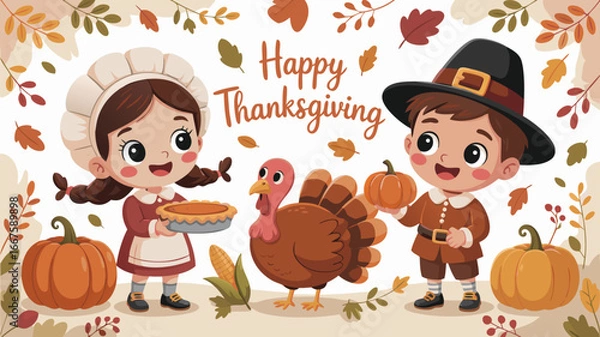 Fototapeta Happy Thanksgiving Illustration Cartoon Children Dressed as Pilgrim and Maid Holding Pie and Pumpkin