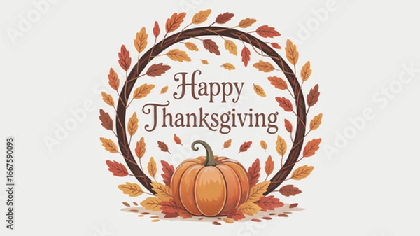 Fototapeta Happy Thanksgiving Illustration with Pumpkin, Autumn Leaves, and Circular Wreath Border on Light Background