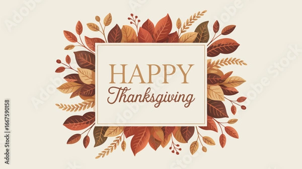 Fototapeta Happy Thanksgiving Text in Frame Decorated with Autumn Leaves and Berries on Beige Background