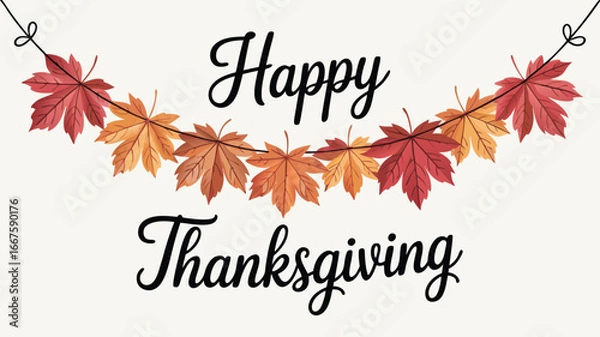Fototapeta Happy Thanksgiving Text with Fall Leaves Garland in Red and Orange Tones Illustration