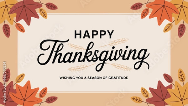 Fototapeta Happy Thanksgiving with Colorful Autumn Leaves Border and Season of Gratitude Message