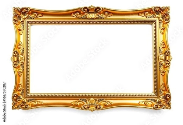 Obraz Empty ornate gold picture frame isolated on white background, gold, art