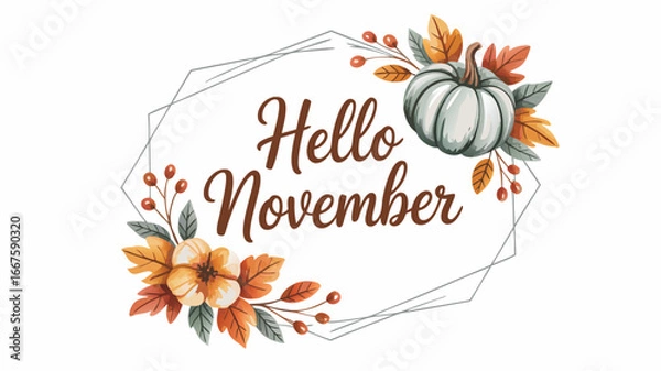 Fototapeta Hello November Illustration Featuring a White Pumpkin, Berries, Leaves, and Geometric Frame Design