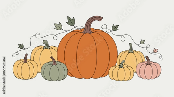 Fototapeta Illustrated Pumpkin Patch Assorted Colors, Sizes, and Autumnal Foliage on Neutral Background